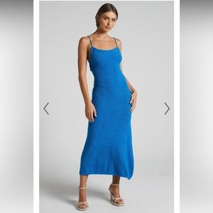 SHOWPO YURIKA MIDAXI DRESS - KNIT OPEN BACK DRESS IN BLUE
